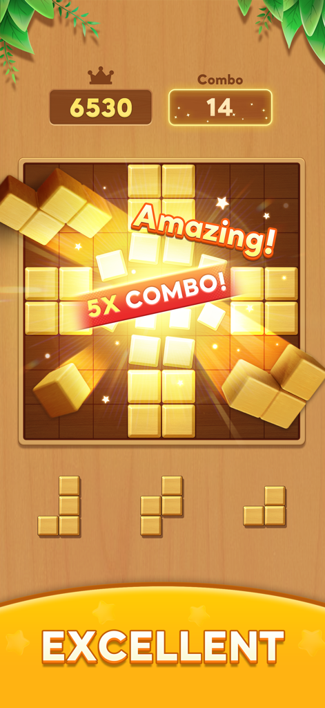 Block Crush！ - Block Crush mobile game interface featuring wooden puzzle blocks and a 5x combo score on a wood themed background