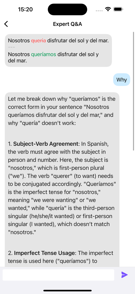 Spanish Grammar Checker - Detaillierte pädagogische Erklärung für einen Fehler bei der Subjekt-Verb-Übereinstimmung im Spanischen in der Expert Q&A-Oberfläche.