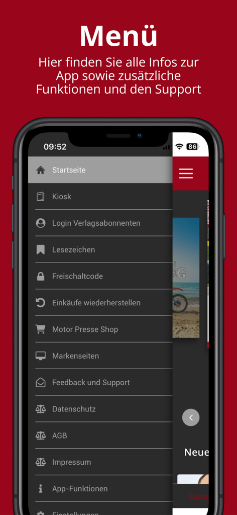 Motorrad Kiosk - Menú de navegación lateral de la aplicación Motorrad Kiosk que muestra opciones para iniciar sesión en el quiosco y marcadores