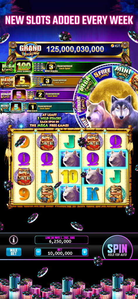 Choctaw Slots - Casino Games - Écran de jeu mobile Choctaw Slots présentant une machine à sous sur le thème du loup avec un gros jackpot