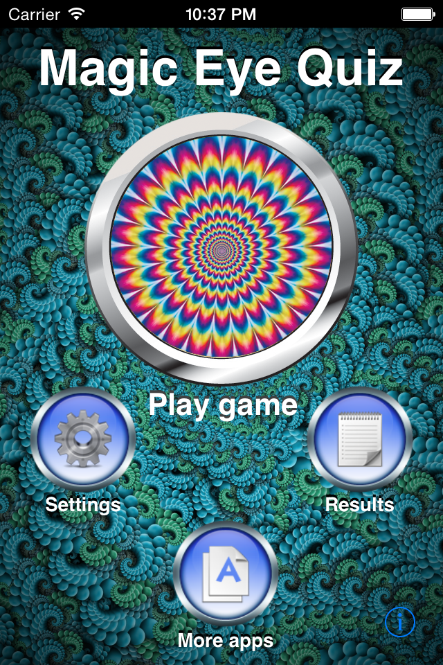 Magic Eye Stereogram Quiz - Main menu interface of the Magic Eye Stereogram Quiz mobile app showing a colorful psychedelic circle and game options