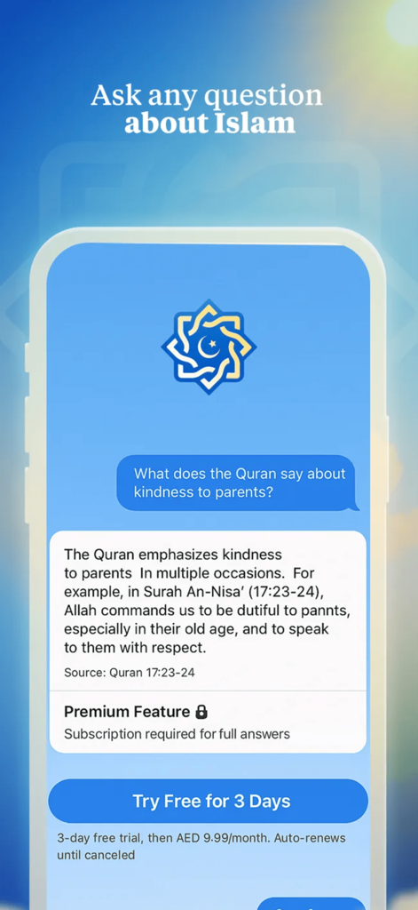Deen Chat app interface showing an AI response to a question about Islam with Quranic evidence.
