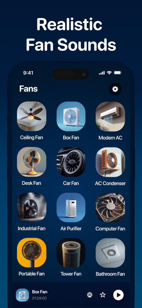 A menu of various realistic fan sounds in the Fan Noise app
