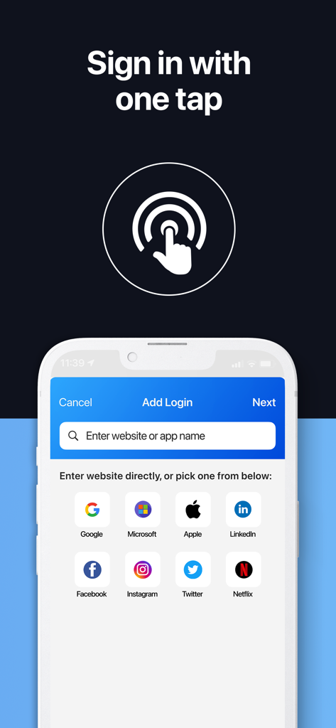 Password Manager App - SkyBox - Interfaz de la aplicación SkyBox mostrando la pantalla de agregar inicio de sesión con enlaces rápidos a plataformas populares como Google, Apple y Microsoft