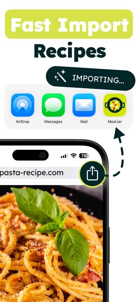 MealJar: Meal Planner - iPhoneの共有メニューを使用して、ウェブサイトからパスタレシピをMealJarアプリに迅速にインポートする方法を示すビジュアルガイド。