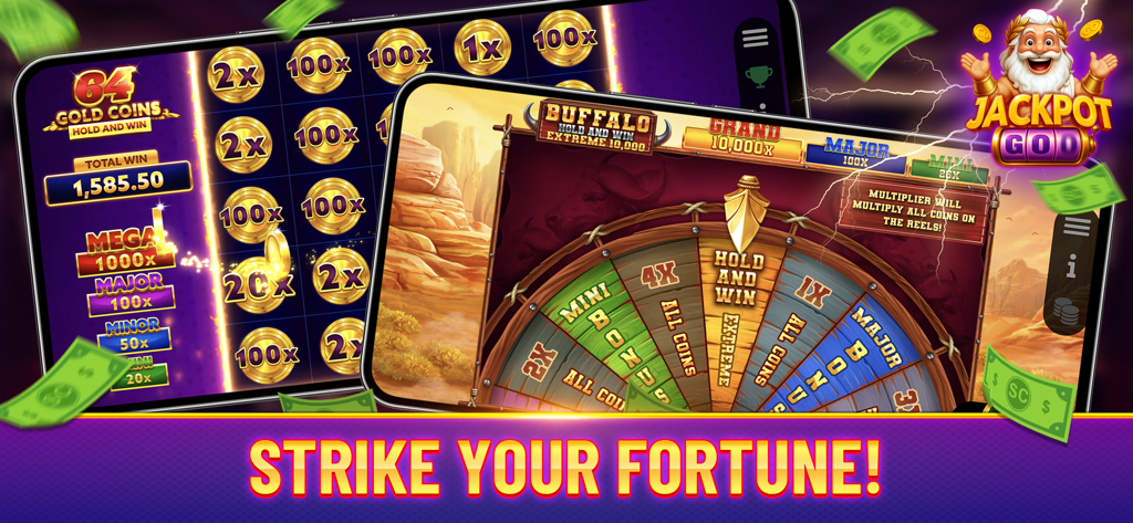 Promotional screen for Jackpot Go showing two mobile phones with different slot games and the text Strike Your Fortune