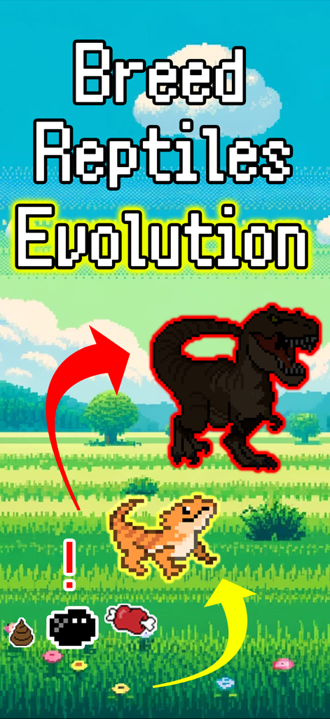 Pet Evolution – DigiReptile - Pixel art of a small lizard evolving into a large dinosaur in the Pet Evolution DigiReptile mobile game