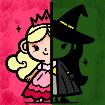 detailed split of a princess and a witch
