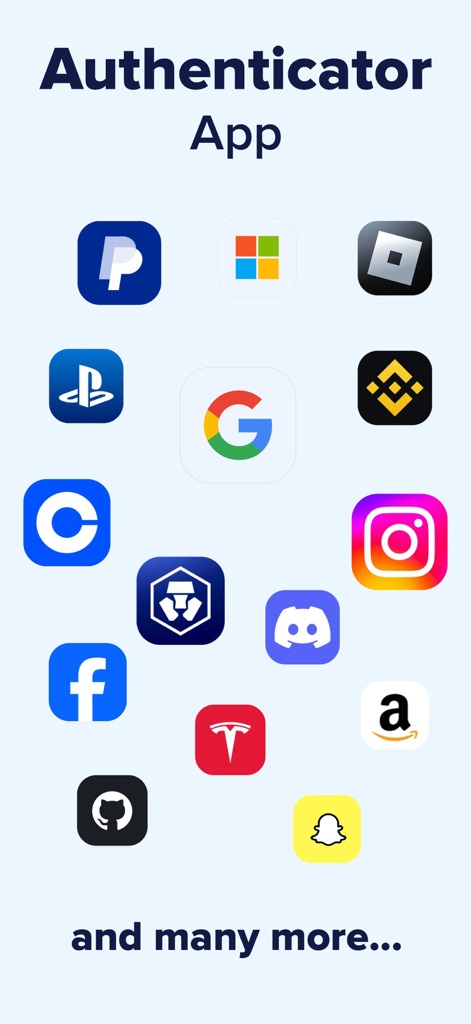Display of various social media and finance app icons supported by the 2FA authenticator