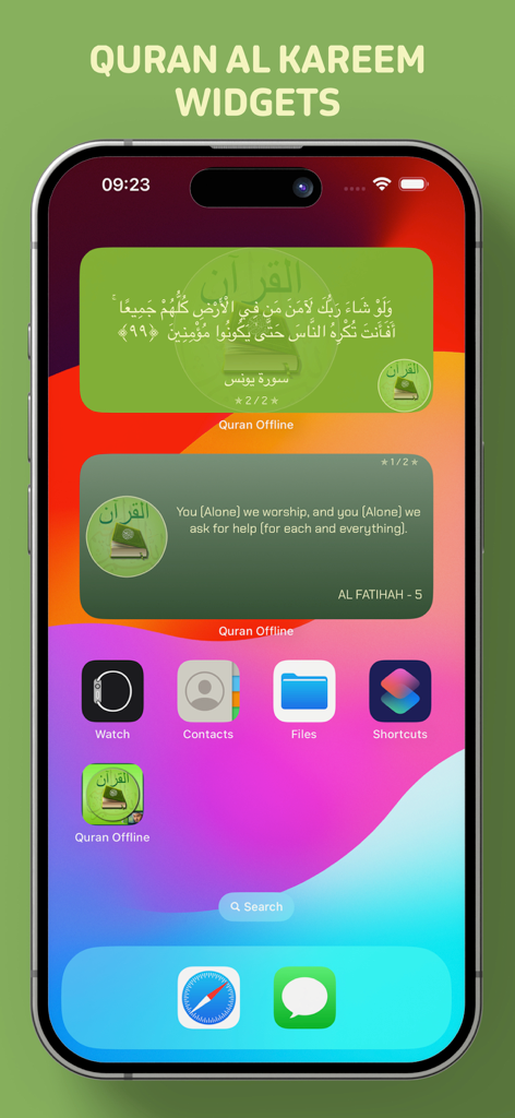 Offline Quran Audio Reader Pro - iPhone home screen displaying various Quran Al Kareem widgets featuring Arabic verses and English translations