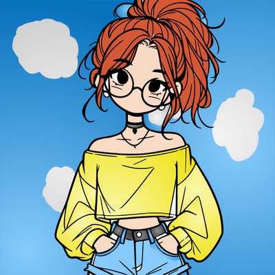 girl with a messy ponytail glasses a baggy crop top and jean shorts