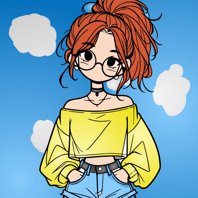 girl with a messy ponytail glasses a baggy crop top and jean shorts