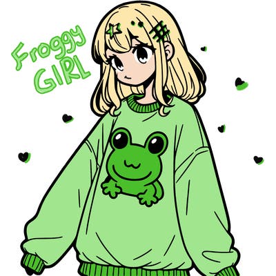 girl wearing frogging sweatshirt