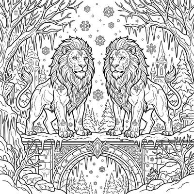 Step into a mystical winter world with this enchanting coloring page featuring powerful Lion Gargoyles. Adorned with icy details and surrounded by a snowy landscape, this design offers a unique and majestic coloring experience.