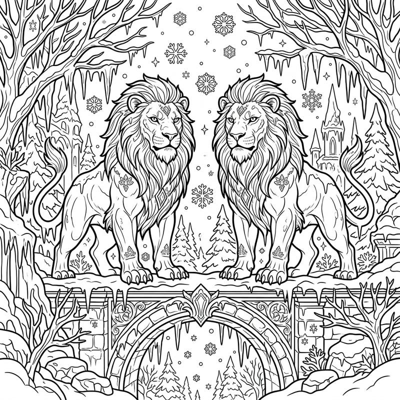 Step into a mystical winter world with this enchanting coloring page featuring powerful Lion Gargoyles. Adorned with icy details and surrounded by a snowy landscape, this design offers a unique and majestic coloring experience.