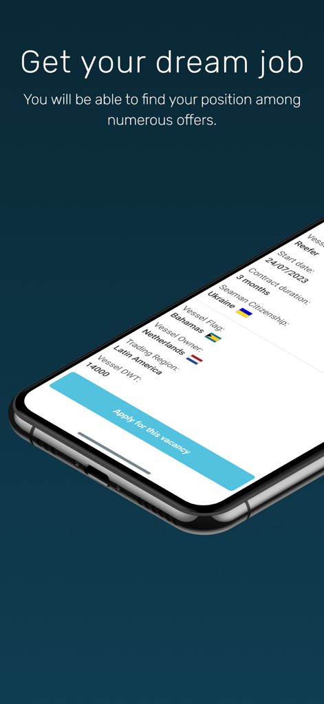 Maritime Zone: Seafarer Jobs - Smartphone screen showing a detailed maritime job vacancy listing for a reefer vessel with an apply button.