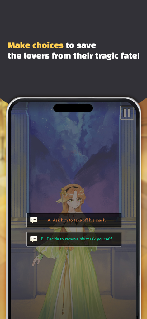 ロミオとジュリエット ラブストーリーのモバイルゲームプレイ画面。物語に影響を与えるインタラクティブな対話の選択肢が表示されています。