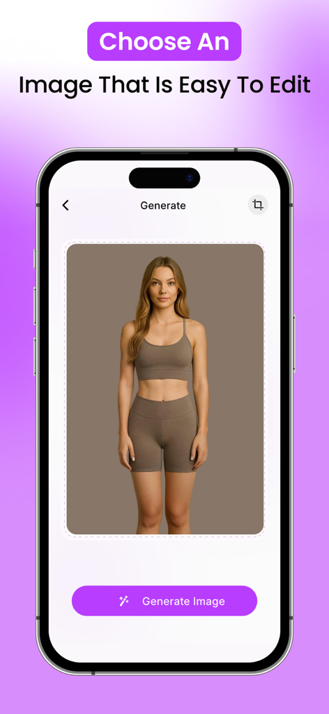 Body Editor AI: Hot, Slim Look - Una pantalla de smartphone mostrando la interfaz de la aplicación Body Editor AI con una foto de una mujer con ropa deportiva lista para la generación y edición de imágenes.