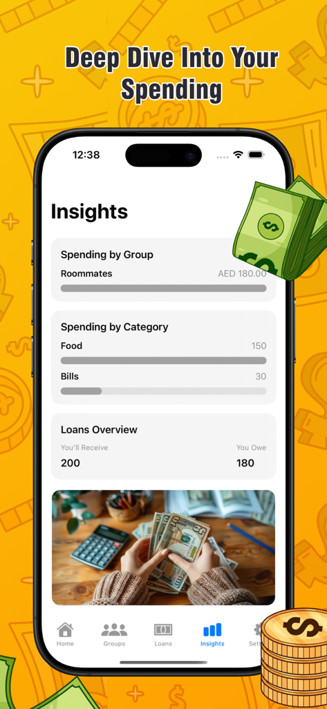 Money Control Budget - Money Control Budget app insights screen showing spending categories and loan overview