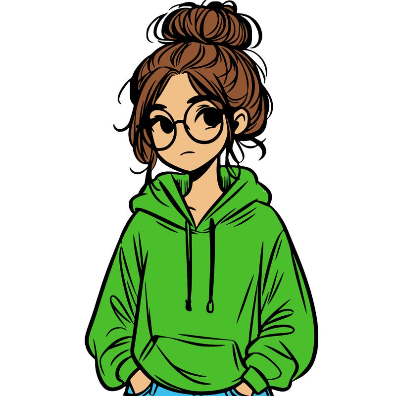 teen girl with a messy bun and glasses wearing a loose hoodie and jeans