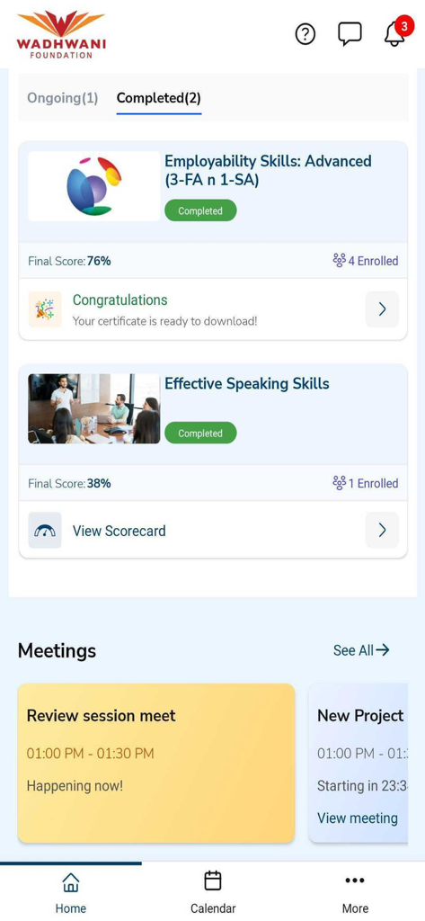 Wadhwani Skilling - 完了したコースと今後の会議が表示されているWadhwani Skillingアプリのインターフェイス