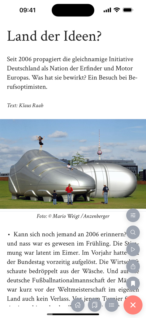 brand eins - Brand eins app showing an article with a large image and text in German.