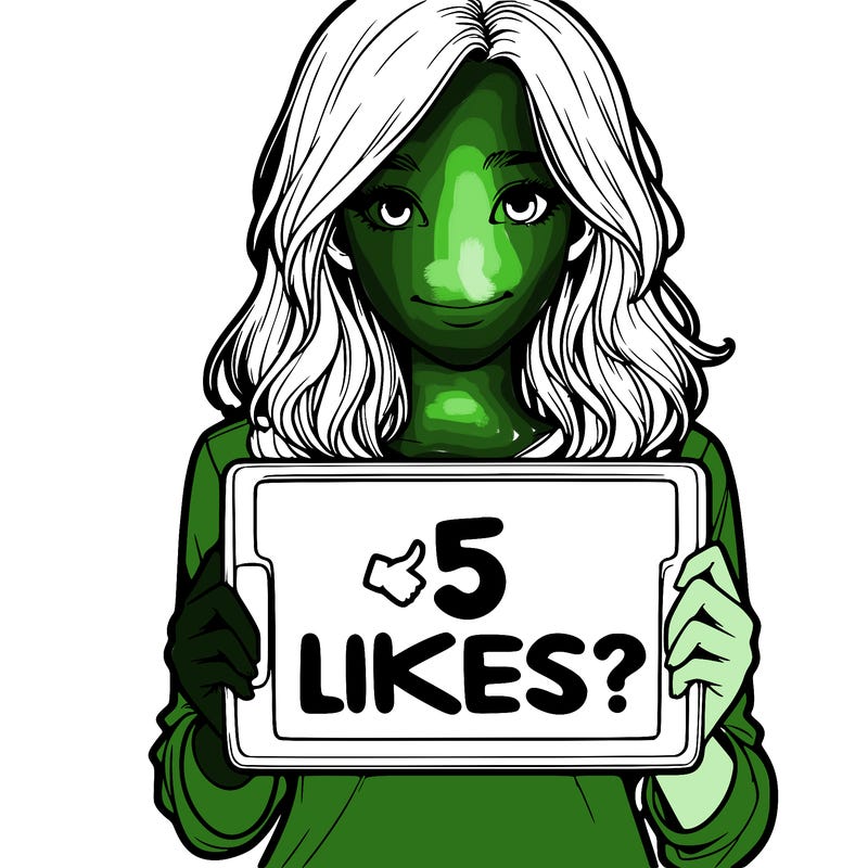 a realistic girl holding a sign saying 5 likes?