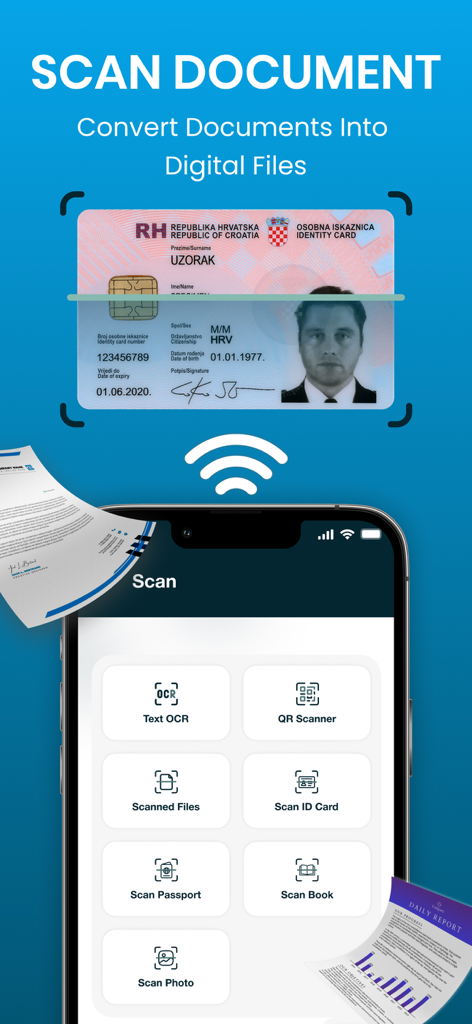 Print: Smart Wireless Printer - Application d'imprimante intelligente affichant les fonctionnalités de numérisation de documents et de numérisation de cartes d'identité sur l'écran d'un smartphone