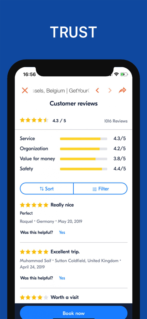 Brussels Travel Guide . - 브뤼셀 여행 가이드 앱에 대한 긍정적인 고객 리뷰와 평가를 보여주는 모바일 화면.