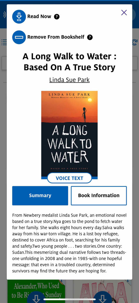 Learning Ally Audiobooks app interface showing book details for A Long Walk to Water including summary and voice text options