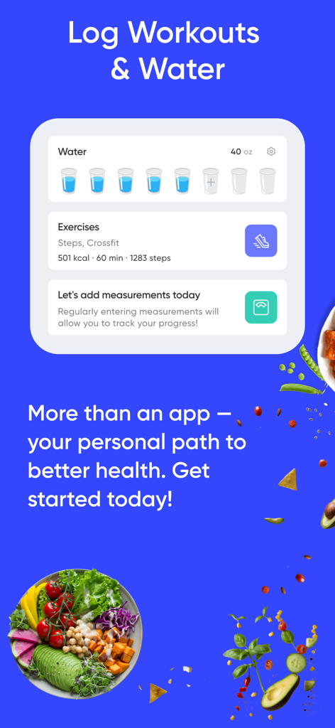 Calorie Counter by Wayout AI - Interfaz de Calorie Counter de Wayout AI que muestra las funciones de seguimiento de agua y registro de ejercicio
