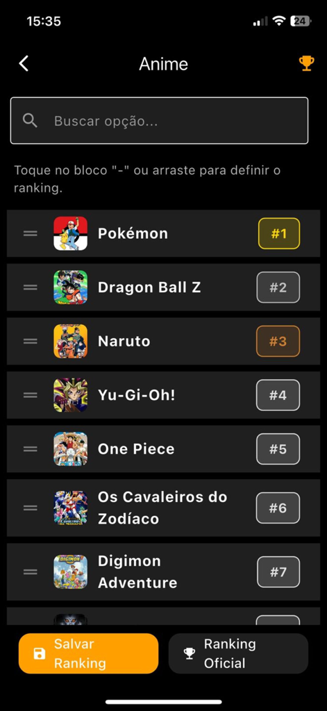 Passatempo - 포켓몬스터와 드래곤볼 Z를 포함한 인기 애니메이션 시리즈의 개인화된 순위 목록을 보여주는 Passatempo 앱의 모바일 인터페이스.