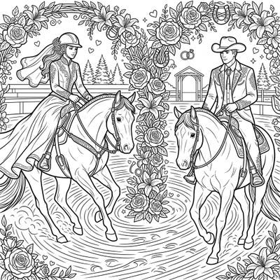 Experience a unique blend of equestrian skill and romantic celebration with this enchanting Reining Riders wedding coloring page. Perfect for fans of Western riding and fairytale unions, this design promises hours of creative joy.