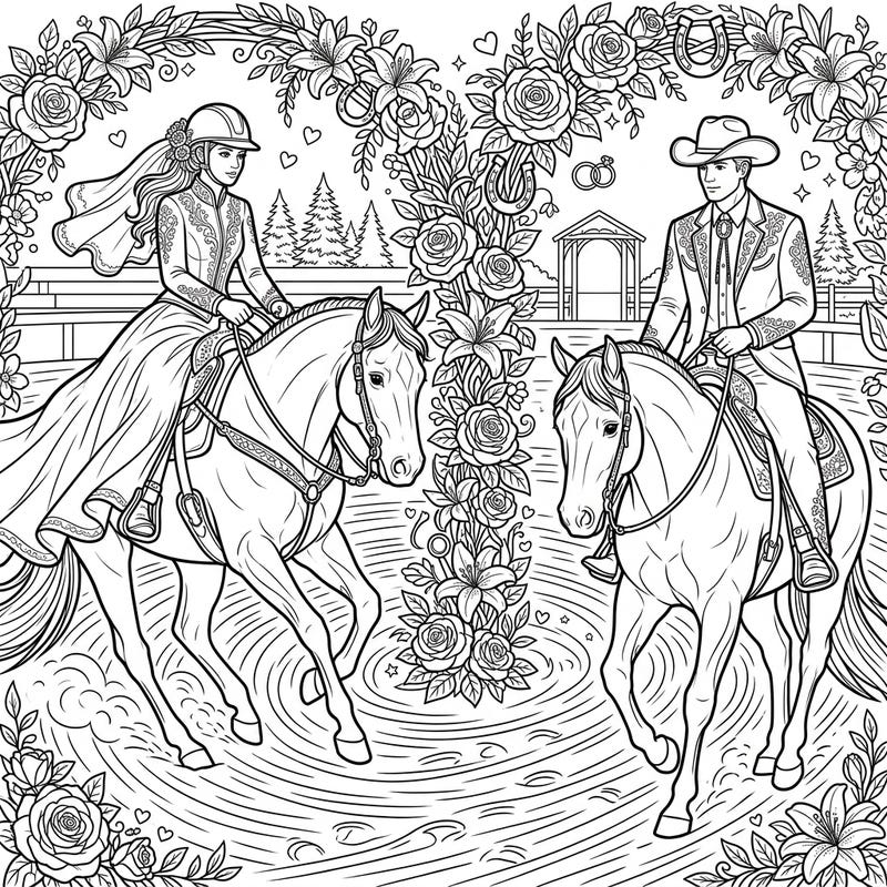 Experience a unique blend of equestrian skill and romantic celebration with this enchanting Reining Riders wedding coloring page. Perfect for fans of Western riding and fairytale unions, this design promises hours of creative joy.