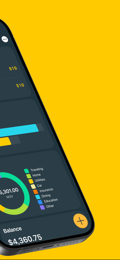 Money Pro 앱 대시보드가 원형 차트와 현재 잔액으로 범주별 지출 내역을 보여줍니다.