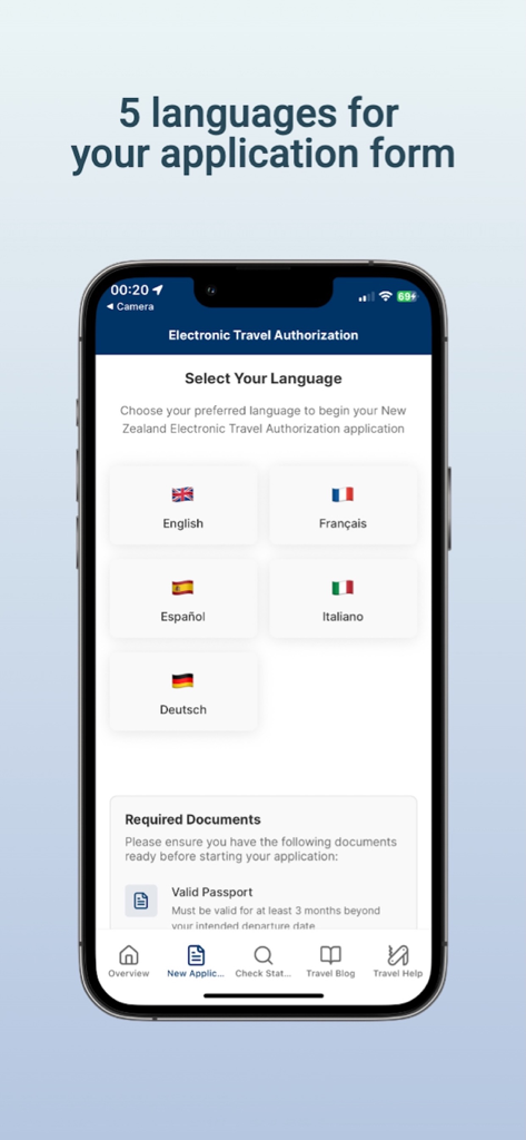 Pantalla que muestra cinco opciones de idioma para la solicitud de NZeTA en la aplicación asistente