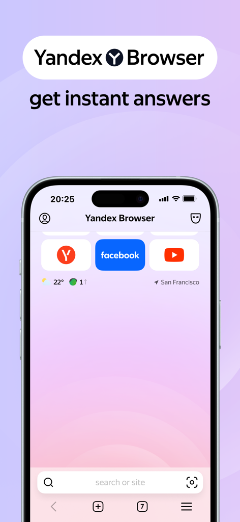 Yandex Browser-Oberfläche auf dem iPhone, die Homepage-Verknüpfungen und die Suchleiste zeigt