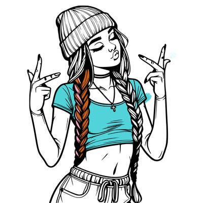 realistic teenage girl with braids and a beanie and crop top doing 🫶🏼