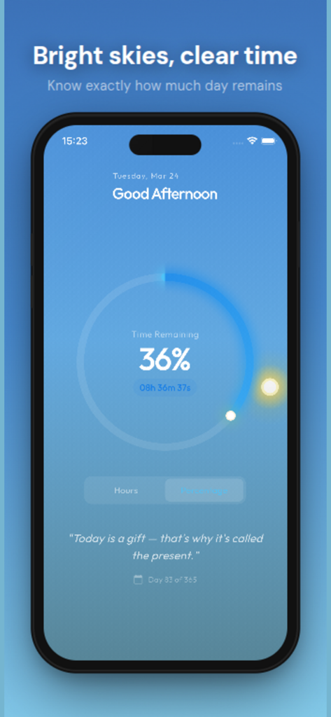 Daycent - Day Progress Tracker - Minimalist interface of the Daycent app showing thirty-six percent of the day remaining with a circular progress bar on a blue background