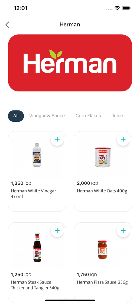 Show Market - Show Marketモバイルアプリの画面。価格とともに、さまざまなHermanブランドの食料品製品を表示。