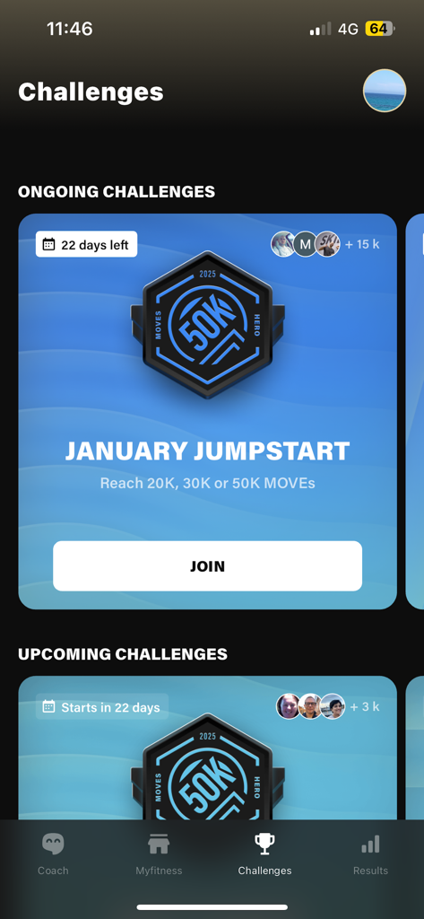 Myfitness Digital - Myfitness Digital app Challenges interface showing the January Jumpstart fitness competition and upcoming community goals