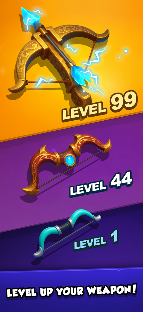 Magic Archer: Fantasy RPG Game - Un affichage vertical montrant l'évolution des arcs du niveau 1 au niveau 99 avec le texte 'montez de niveau votre arme'