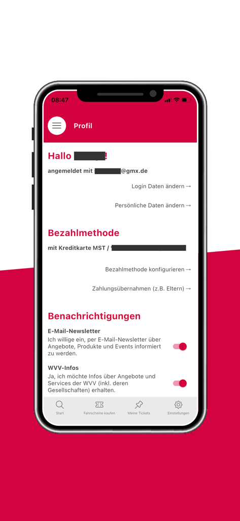 WVVmobil - WVVmobil App Profilbildschirm mit Benutzerinformationen, Zahlungsmethode und Benachrichtigungseinstellungen.