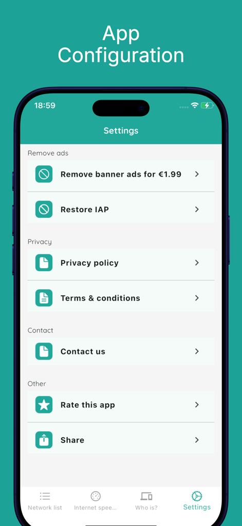 El menú de configuración y configuración de la aplicación móvil Wifi password connect.