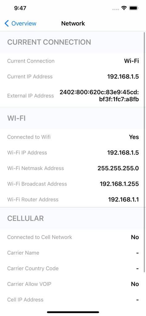 Battery Widget: CPU x Monitor - Pantalla de información de red que muestra detalles de la conexión Wi-Fi y celular.