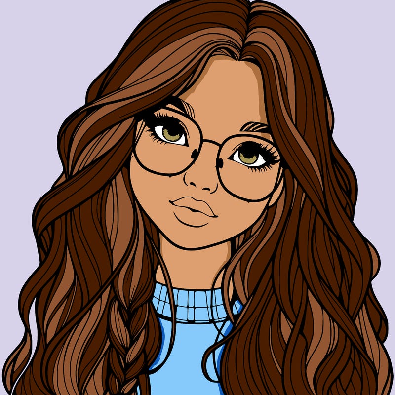 girl with long hair and freckles and glasses realistic