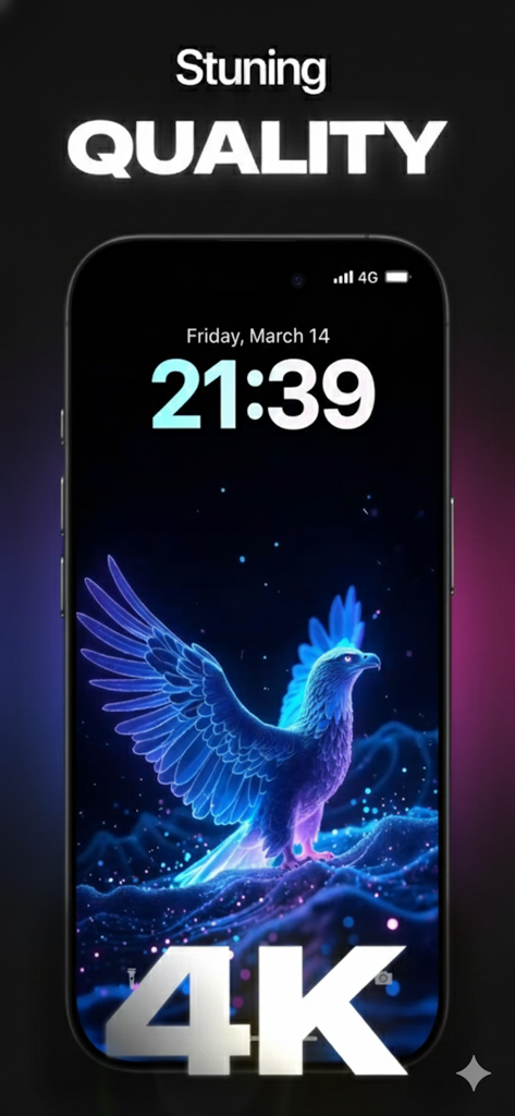 Wallify: 4K Live Wallpapers - Stunning 4K live wallpaper of a glowing blue eagle on an iPhone lock screen.