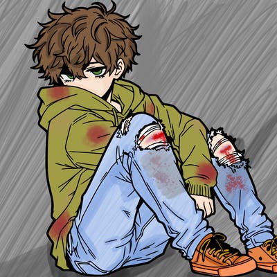 a male hoddie ripped jeans messy hair anime