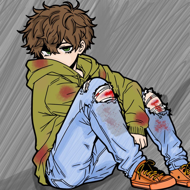 a male hoddie ripped jeans messy hair anime