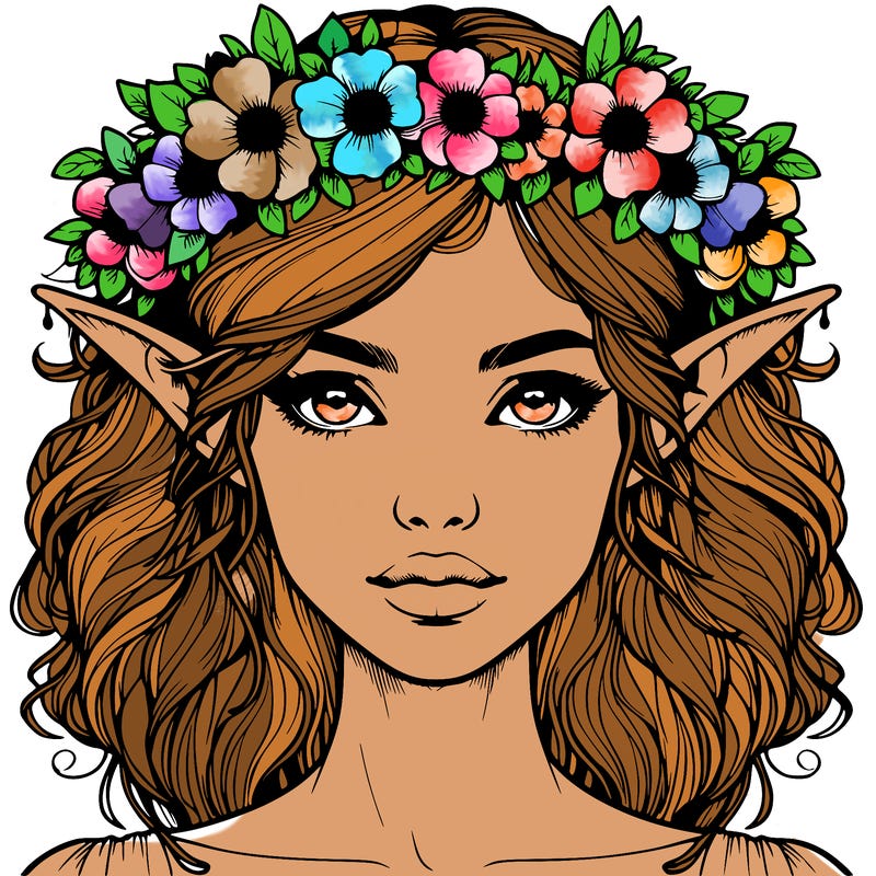 realistic female elf with flower crown